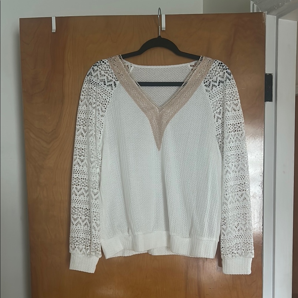 SHEIN Cream and Tan Lace V-Neck Sweater